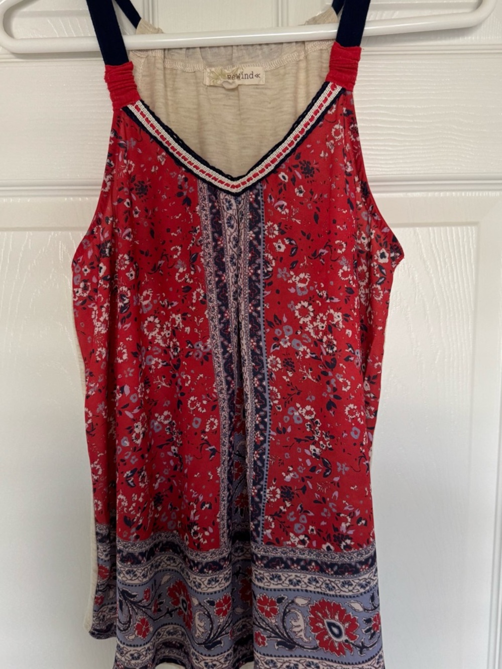 Rewind Red Floral V-Neck Tank with Navy Trim